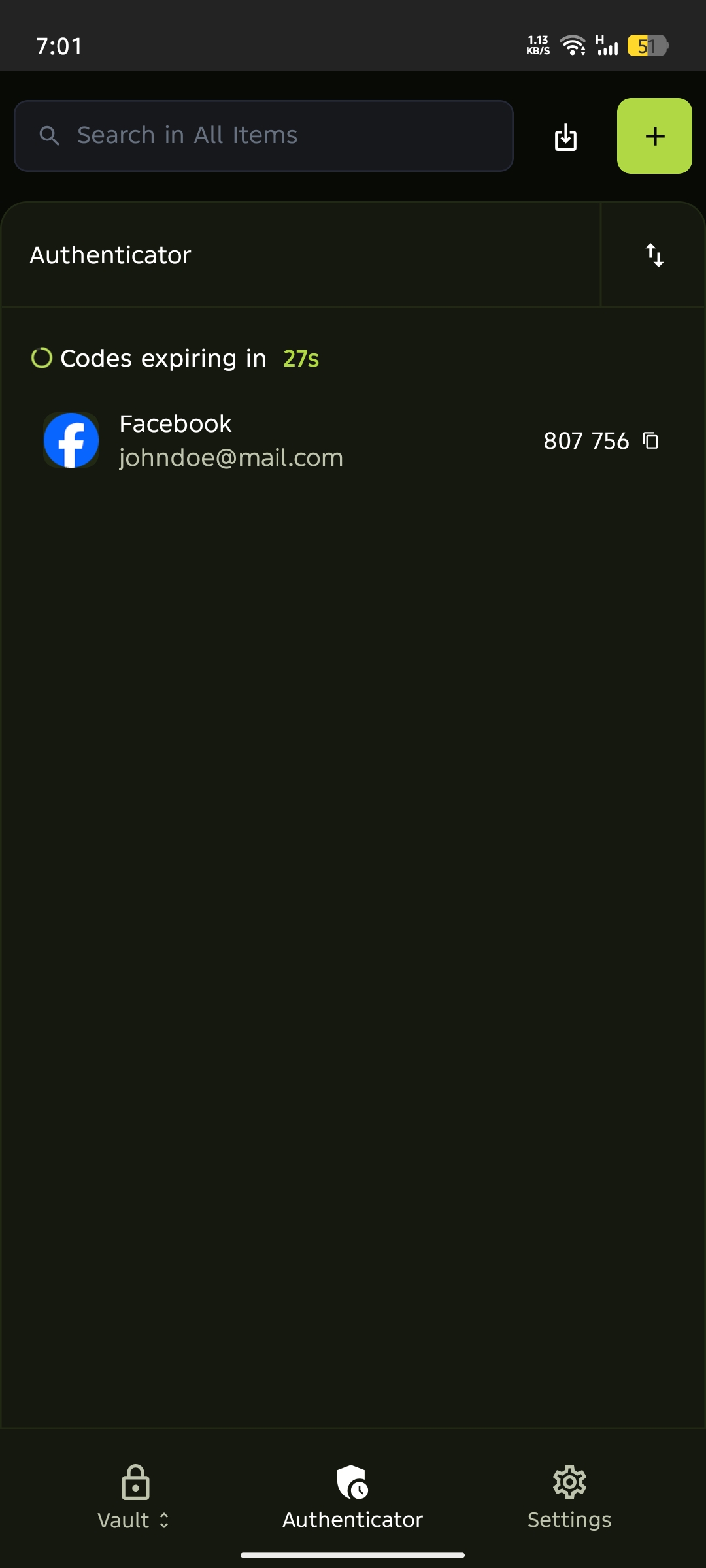 Authenticator section showing the saved code with a countdown timer on mobile